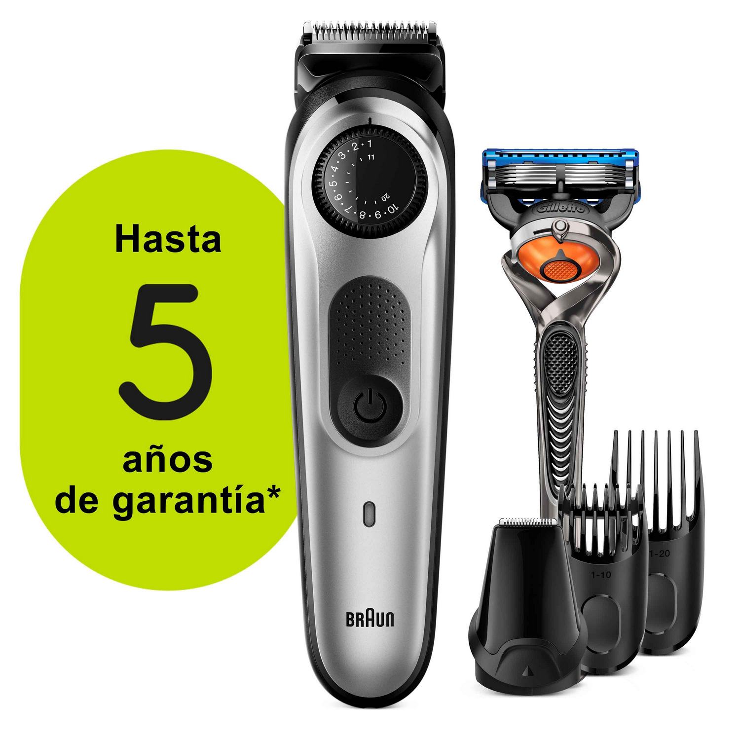 Recortadora de barba Braun, una maquinilla Gillette y peines de recorte con texto de garantía verde.