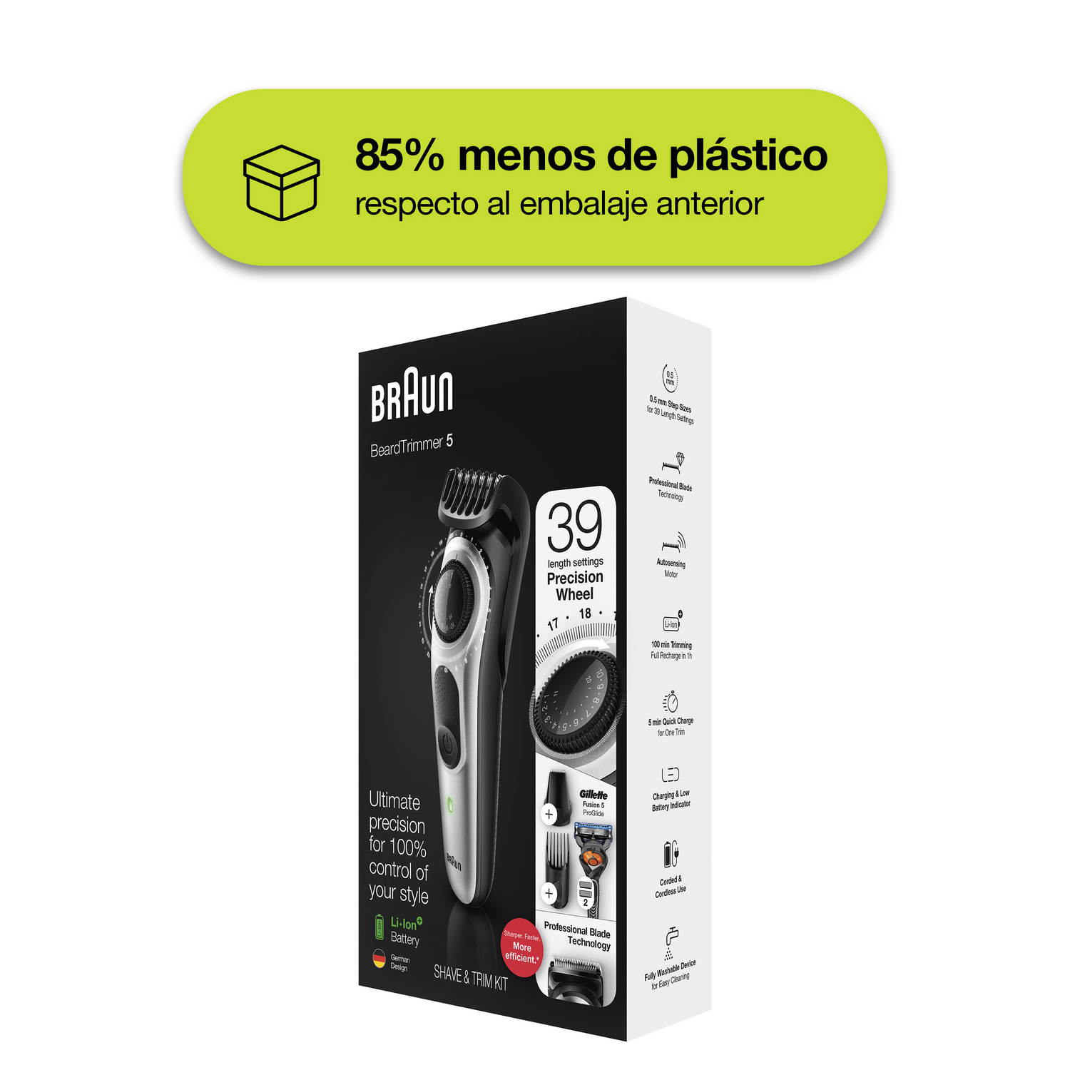 Caja de recortadora de barba Braun con texto: 85% menos plástico.