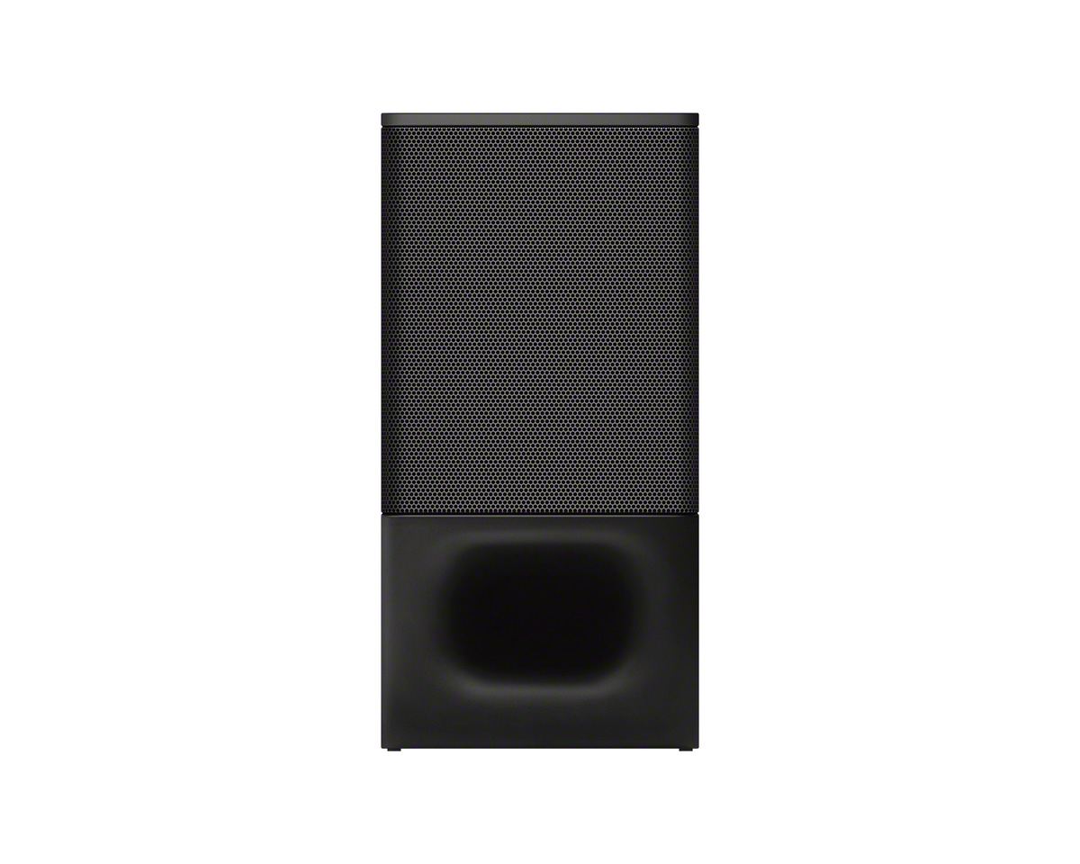 Un altavoz subwoofer negro con una parte frontal de malla y una abertura rectangular inferior.