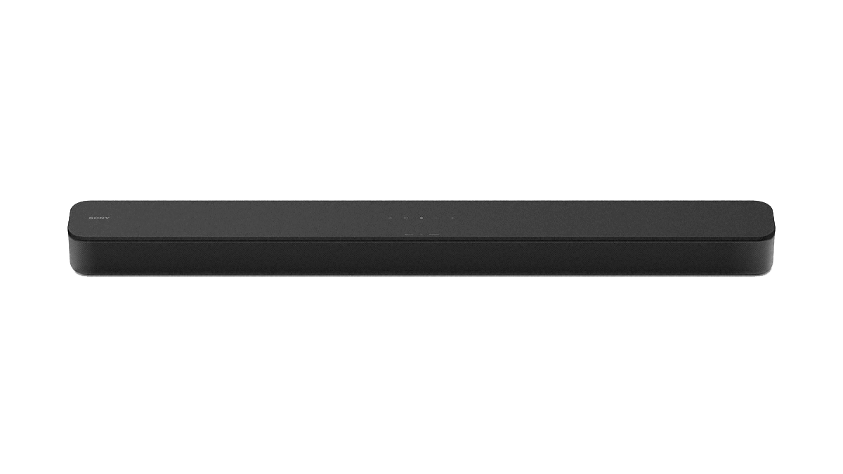 Una barra de sonido Sony negra sobre fondo blanco, diseño simple y elegante, formato horizontal.