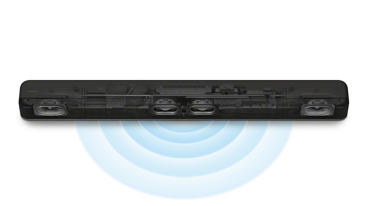 Una barra de sonido negra con componentes internos visibles, emitiendo ondas de sonido.