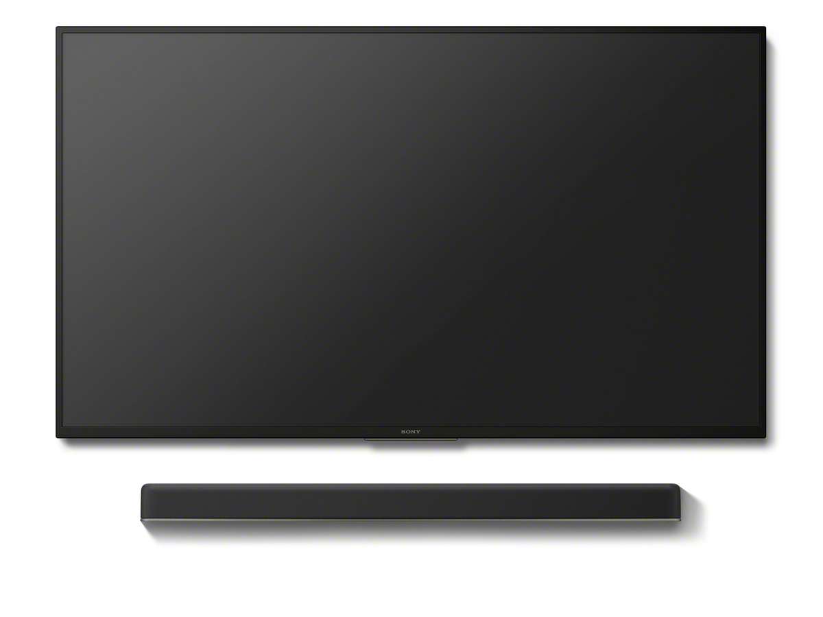 Un televisor Sony negro y una barra de sonido negra. Están sobre un fondo blanco.