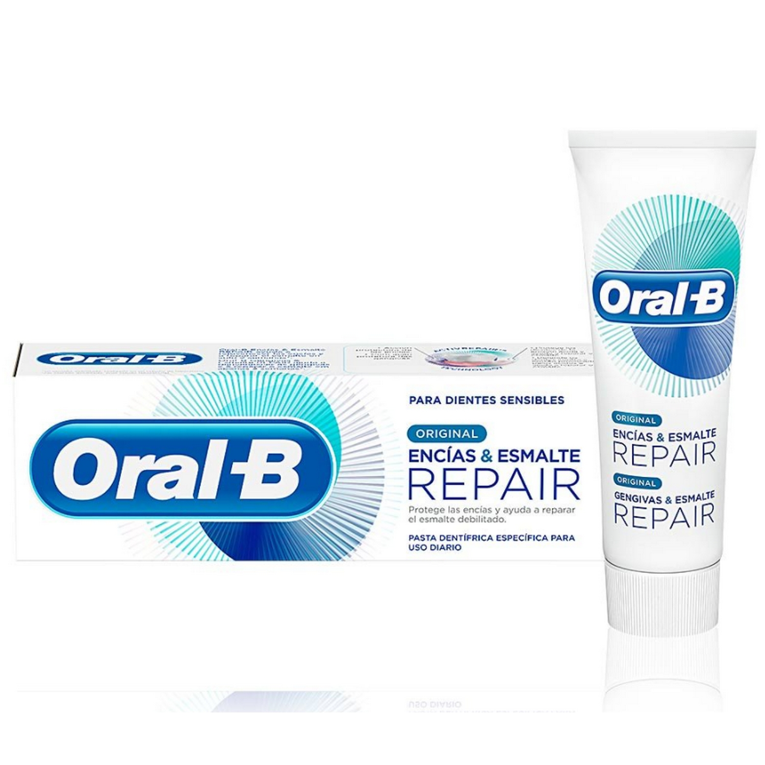 Pasta de dientes y caja Oral-B. La pasta es blanca con detalles azules y verdes, 'Repair'.