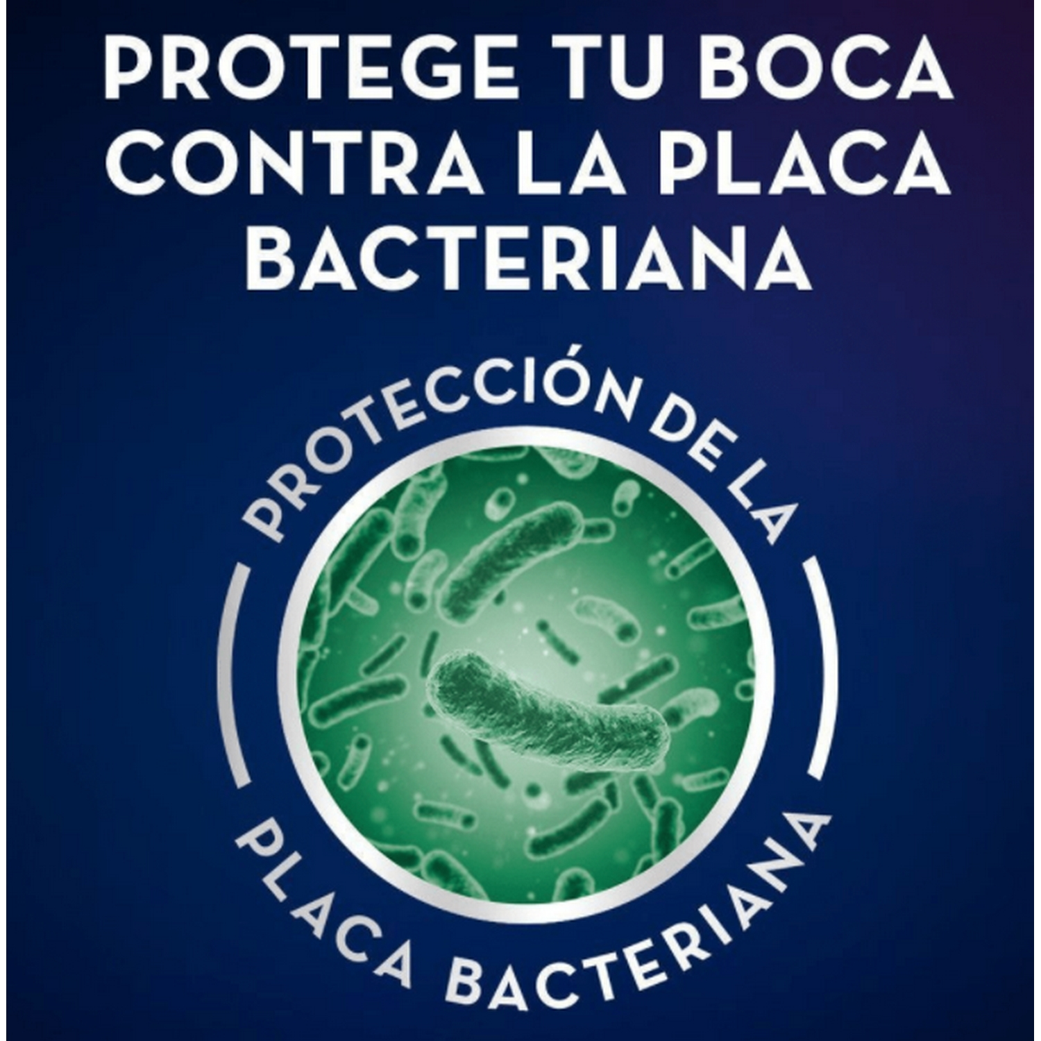 Gráfico verde con ilustración de bacterias, texto: 'Protege tu boca contra la placa'.