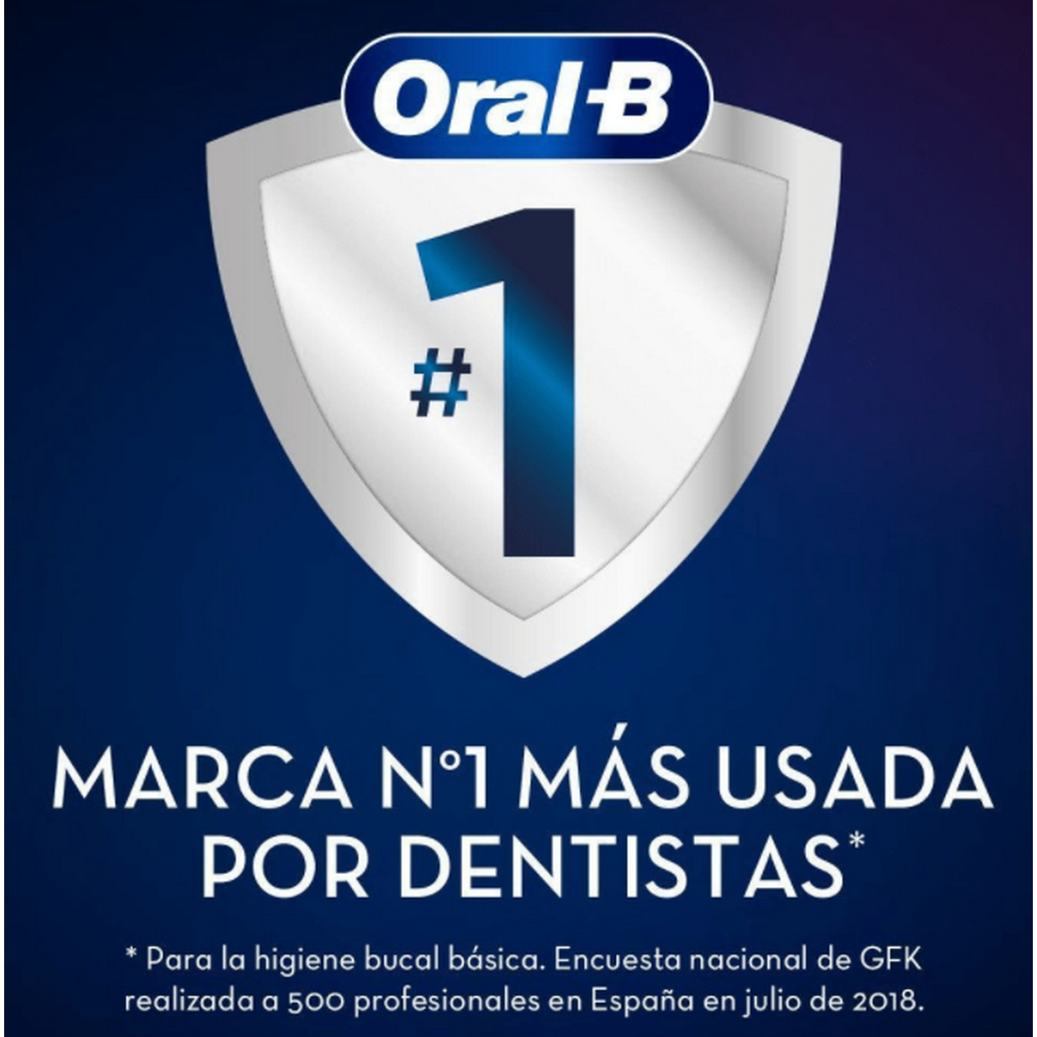 Emblema Oral-B en forma de escudo con un número uno, fondo azul.