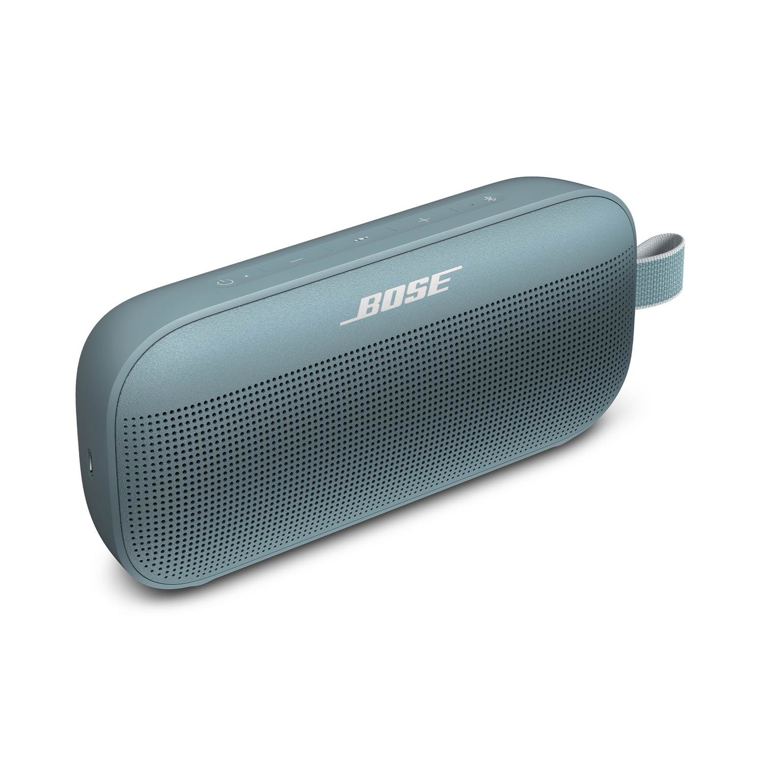 Un altavoz Bose azul con asa. Tiene una rejilla frontal y el logotipo de Bose en blanco.