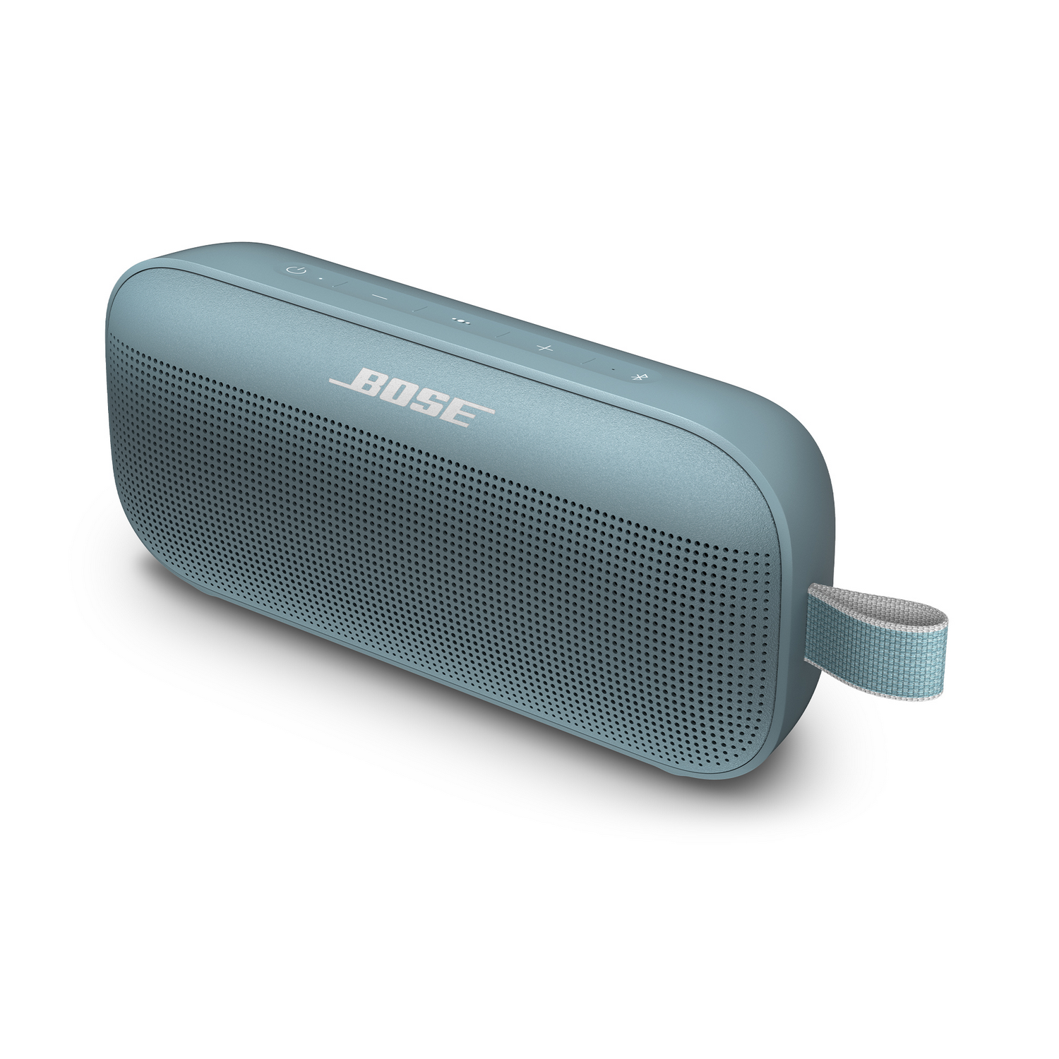 Altavoz rectangular azul con una rejilla frontal. El logotipo de Bose está centrado. Tiene una correa de mano.