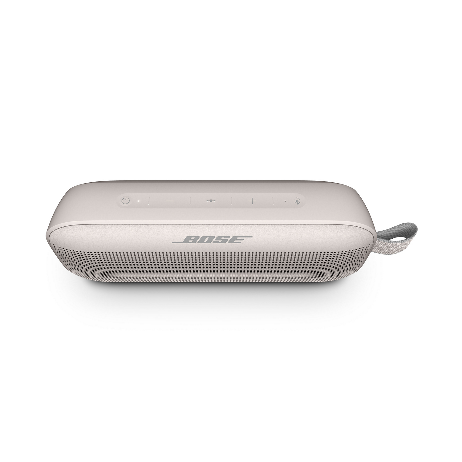 Altavoz portátil Bose blanco con correa gris, vista superior.