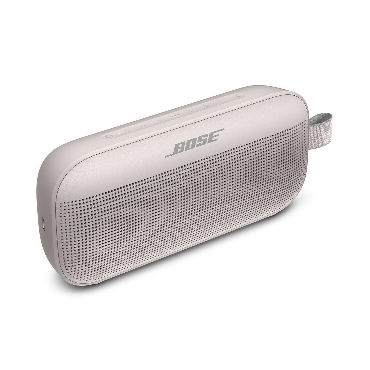 Altavoz Bose blanco y gris con asa, en ángulo sobre fondo blanco.