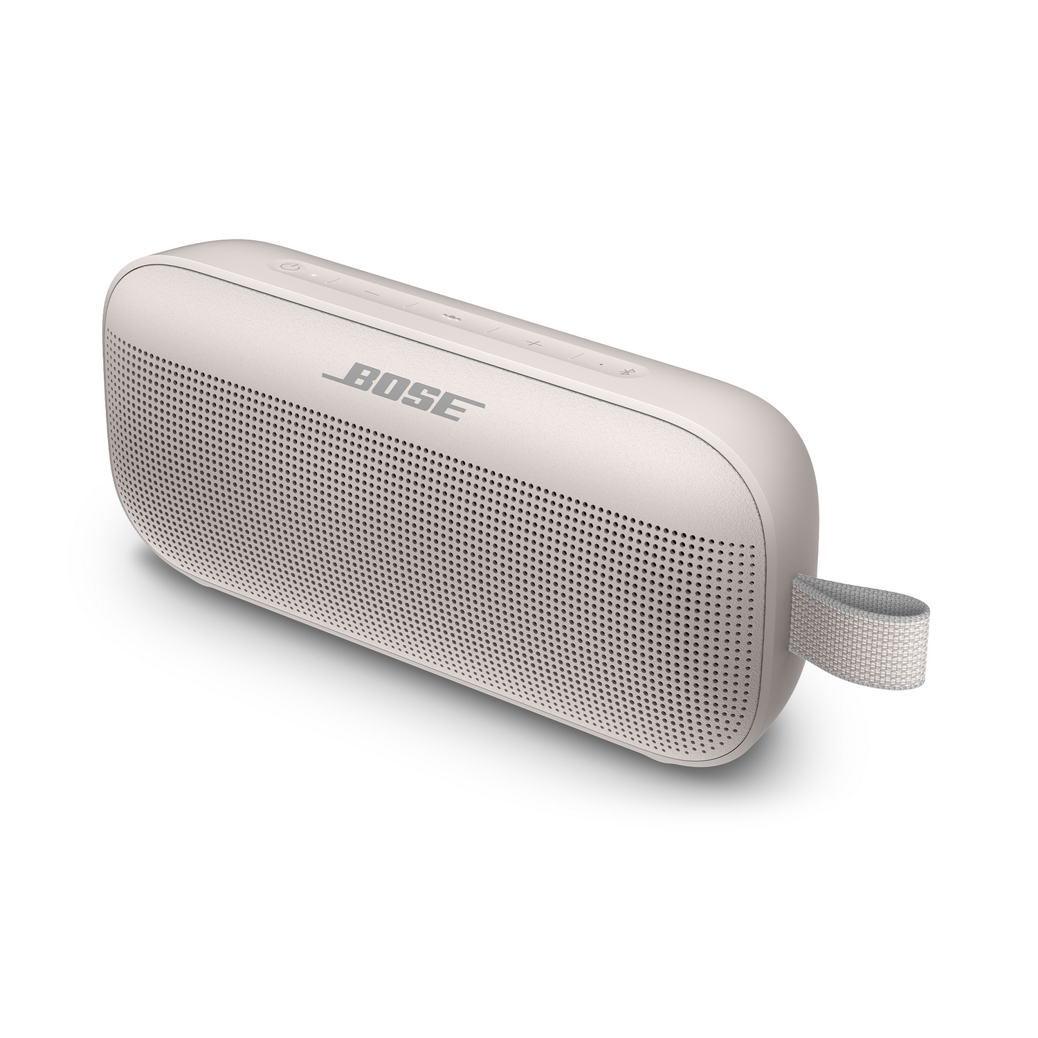 Altavoz portátil Bose blanco con logo Bose, vista lateral, aislado.