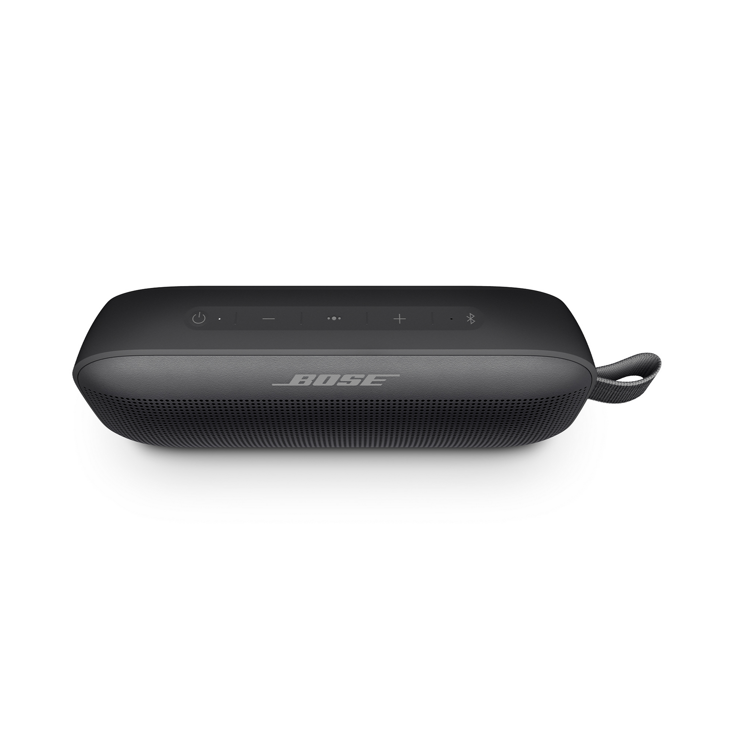 Altavoz Bluetooth Bose negro con controles en la parte superior y una correa gris, sobre un fondo blanco.