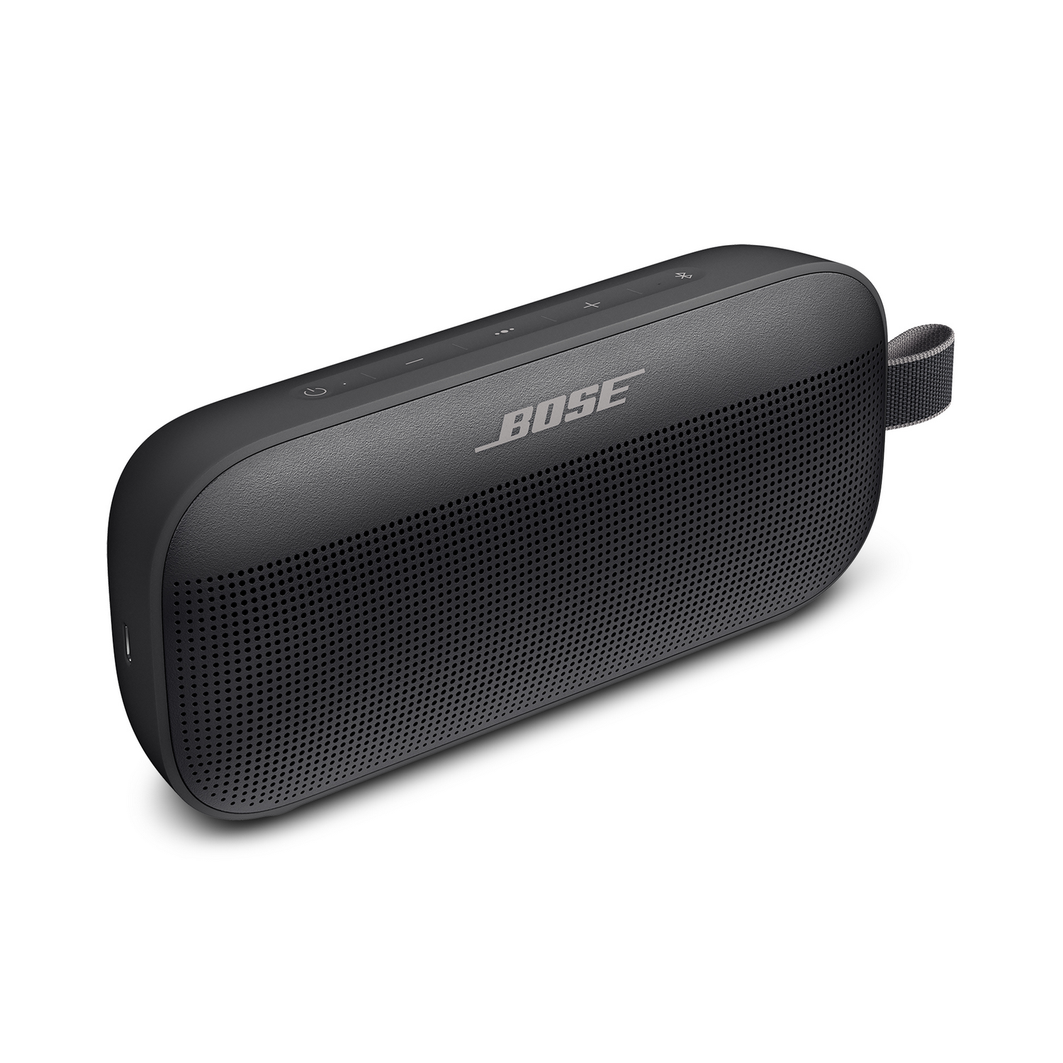 Altavoz portátil Bose negro con una parte frontal de malla, un asa y botones en la parte superior.