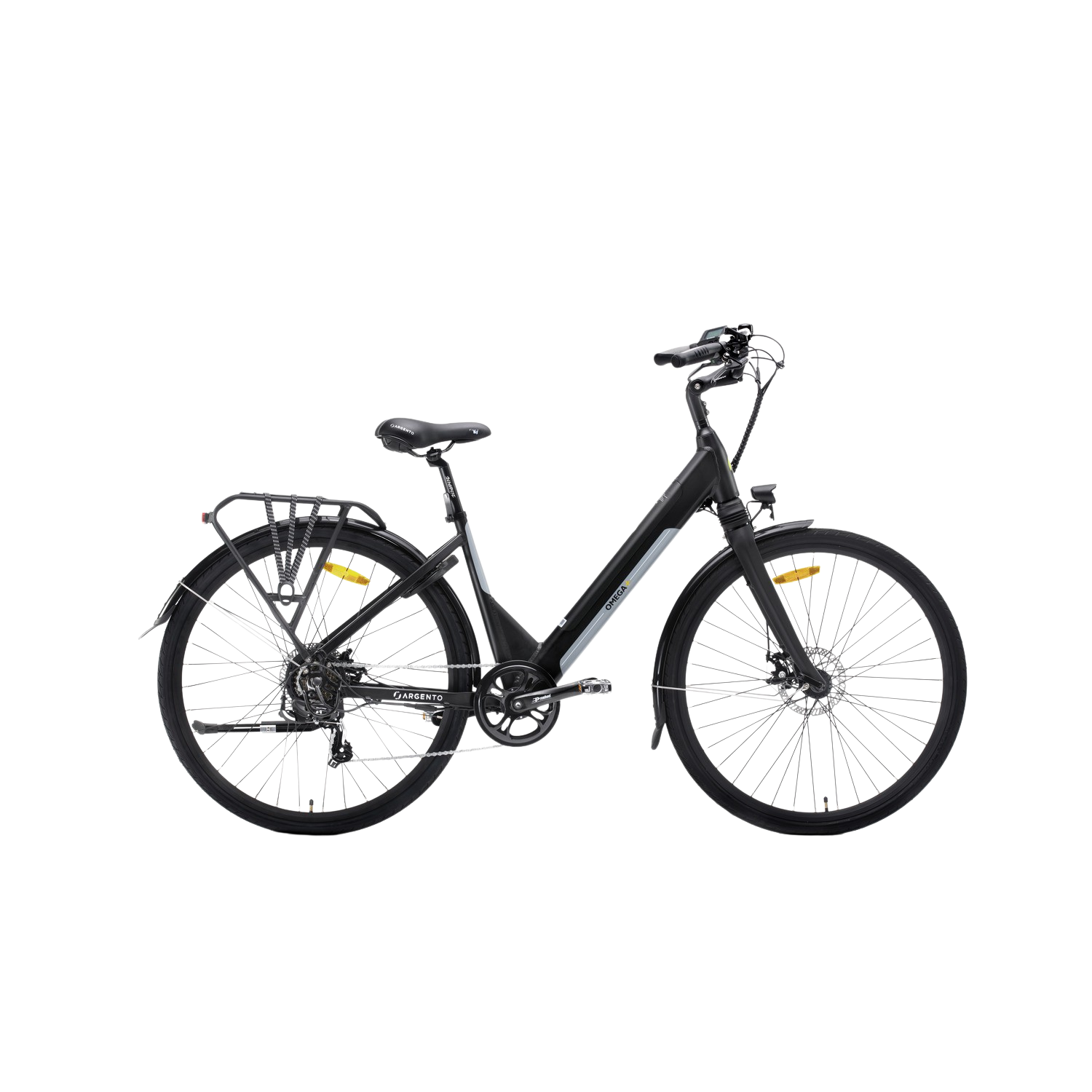 Bicicleta eléctrica - Argento Omega+, 250 W, 27.5", 25 km/h, 7 velocidades, Autonomía 70 km, Freno de disco, Negro