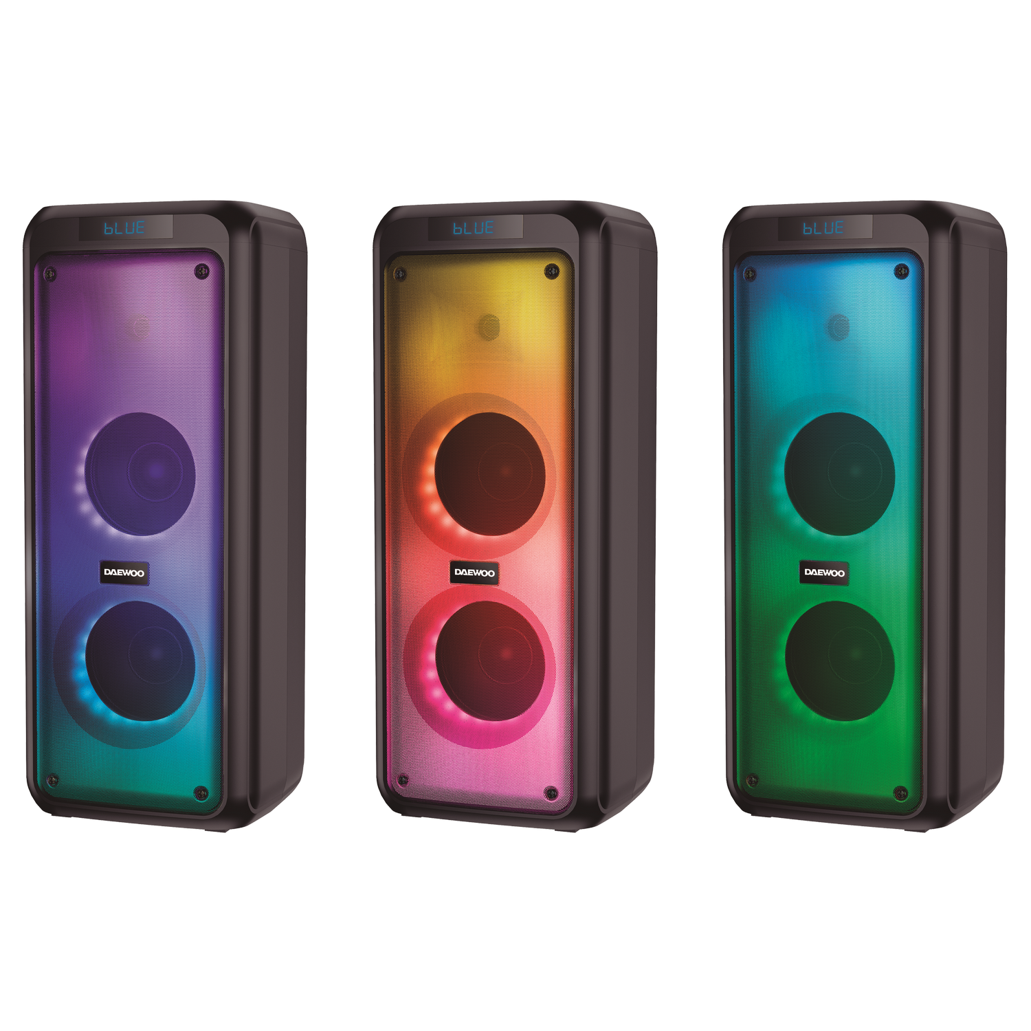 Tres altavoces con luces de colores. Izquierda: azul/morado, centro: naranja/rosa, derecha: verde.