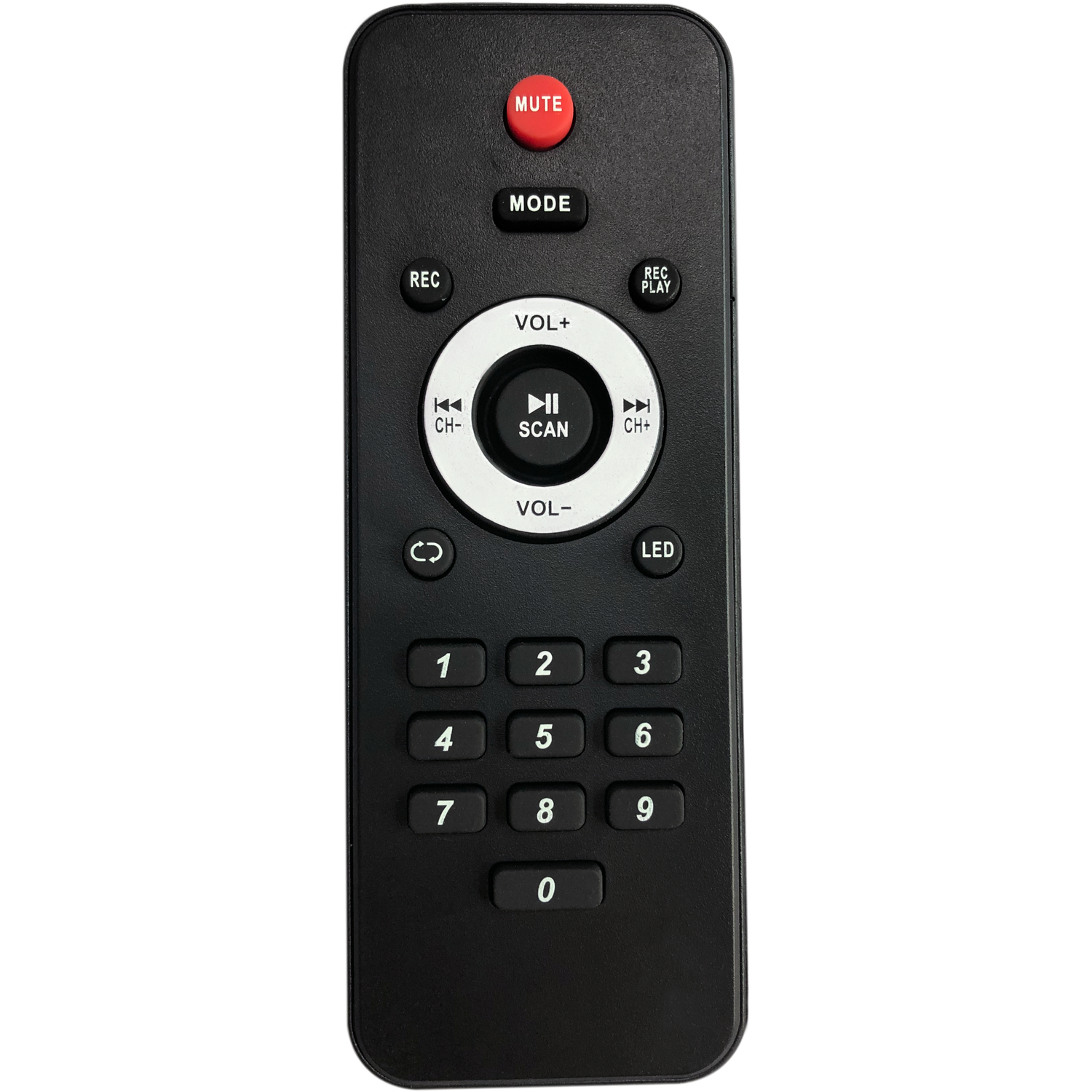 Un mando a distancia negro con botón de silencio rojo, botones numéricos y varios botones de control.