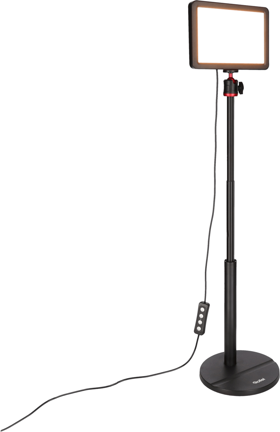 Support de lumière LED noir avec fond blanc.