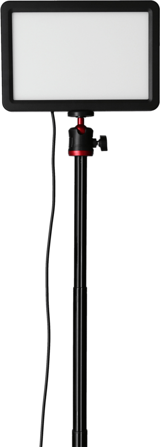 Une lumière LED noire et rouge sur un pied. Elle est allumée.