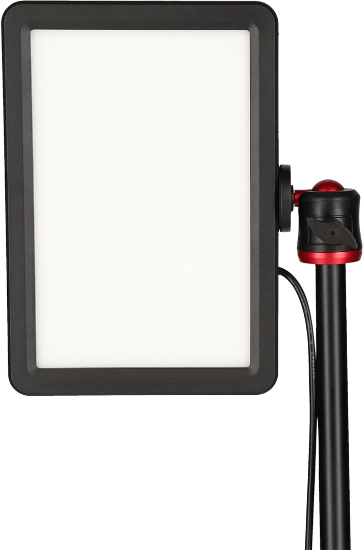 Panneau lumineux LED noir sur un support, avec un bouton de réglage rouge.