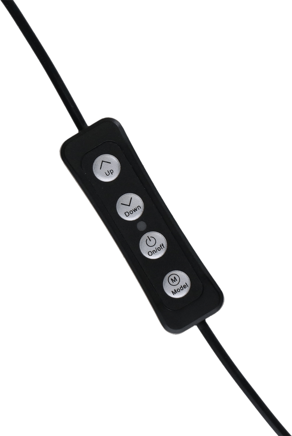 Un panneau de contrôle noir avec des boutons pour haut, bas, marche/arrêt et modèle, et un câble noir.