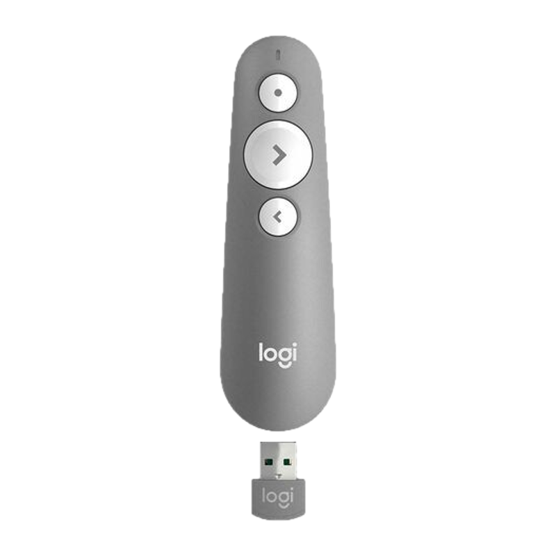 Graue Logitech-Präsentationsfernbedienung und USB-Empfänger auf schwarzem Hintergrund.