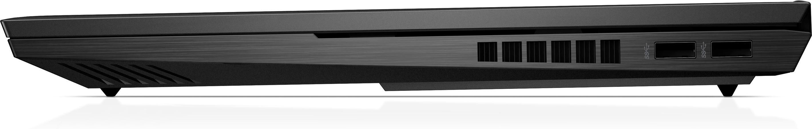 Seitenansicht eines schwarzen Laptops mit sichtbaren Anschlüssen und Lüftungsschlitzen.