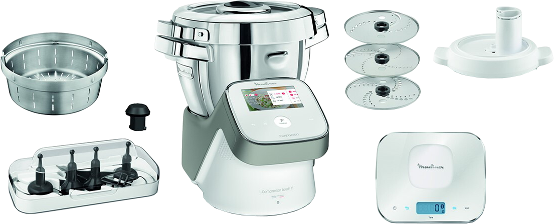Robot de cuisine Moulinex avec accessoires : lames, balance et panier vapeur.