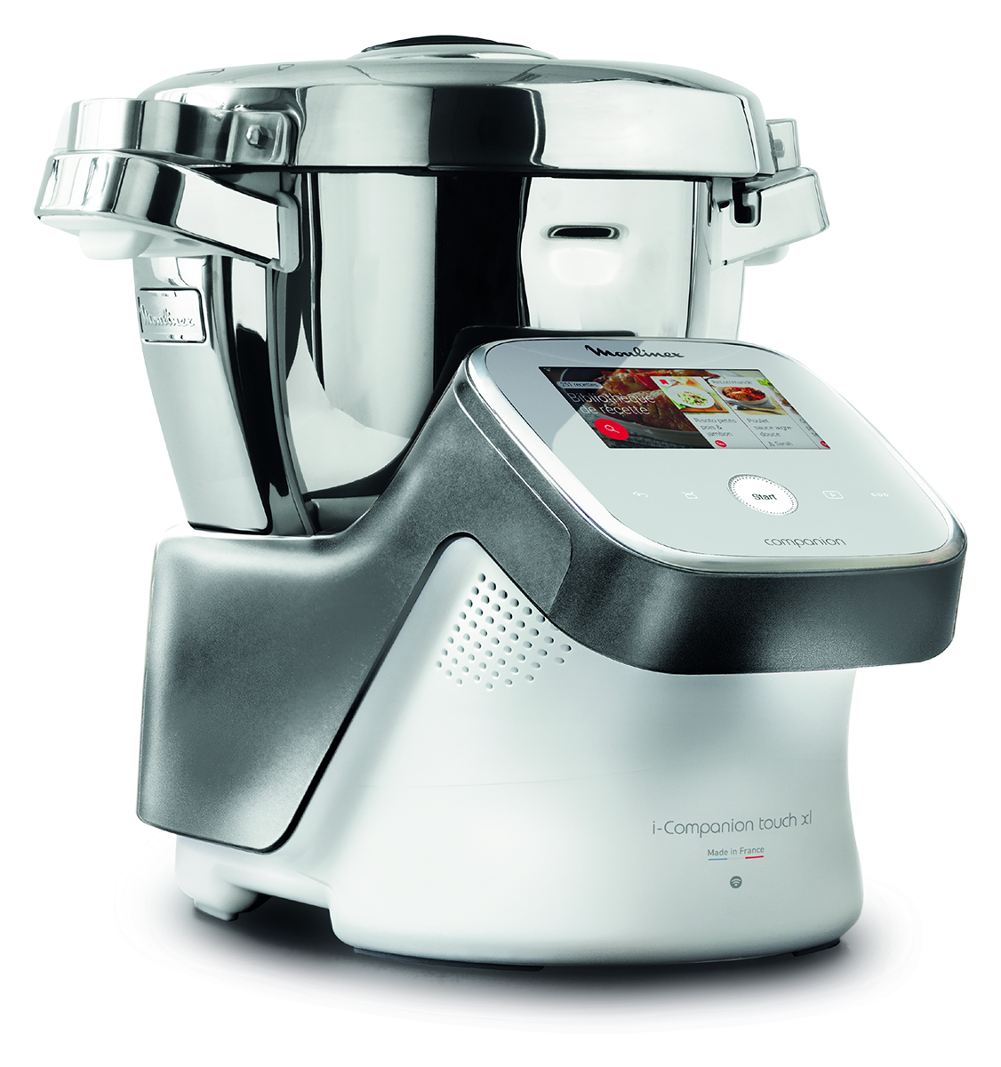 Un appareil de cuisine Moulinex i-Companion touch xl argent et blanc. Il possède un écran tactile et plusieurs fonctions.