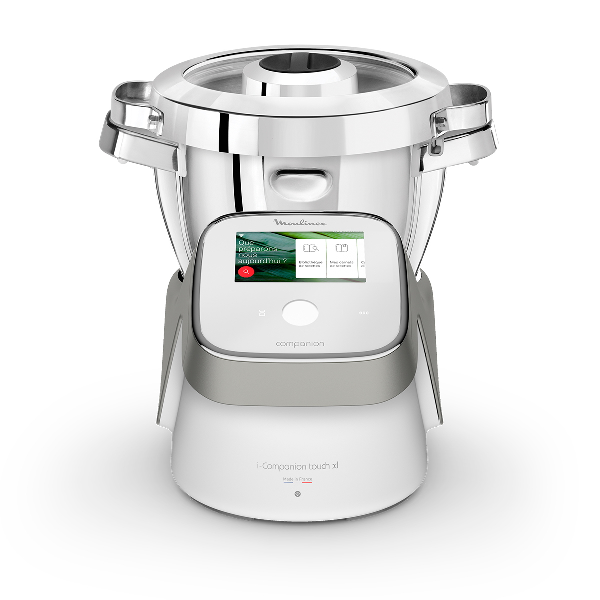 Robot culinaire Moulinex i-Companion touch xl avec écran, sur fond blanc.