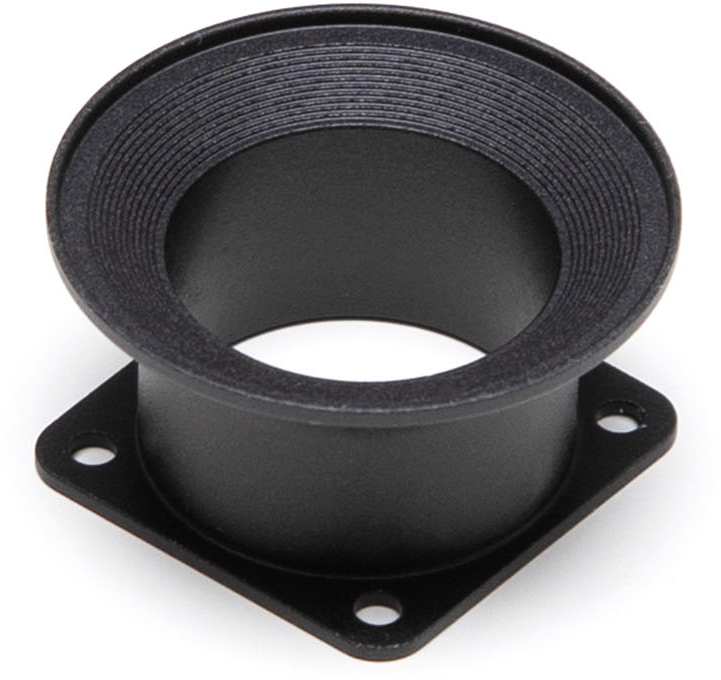 Black, cylindrical device with a flanged base and a threaded interior.