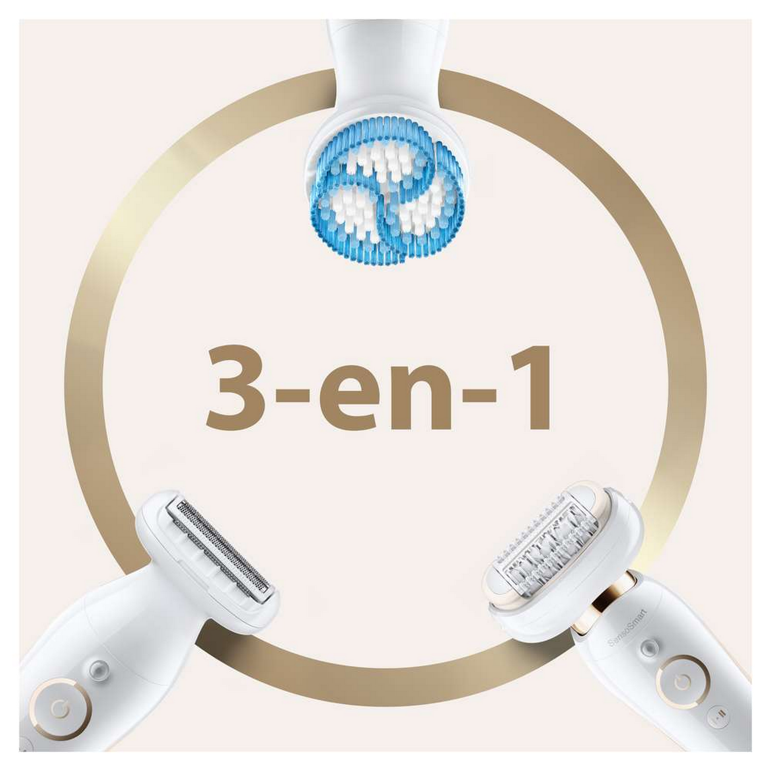 Tres dispositivos de afeitado inalámbricos blancos con diseño circular dorado y el texto '3-en-1'.