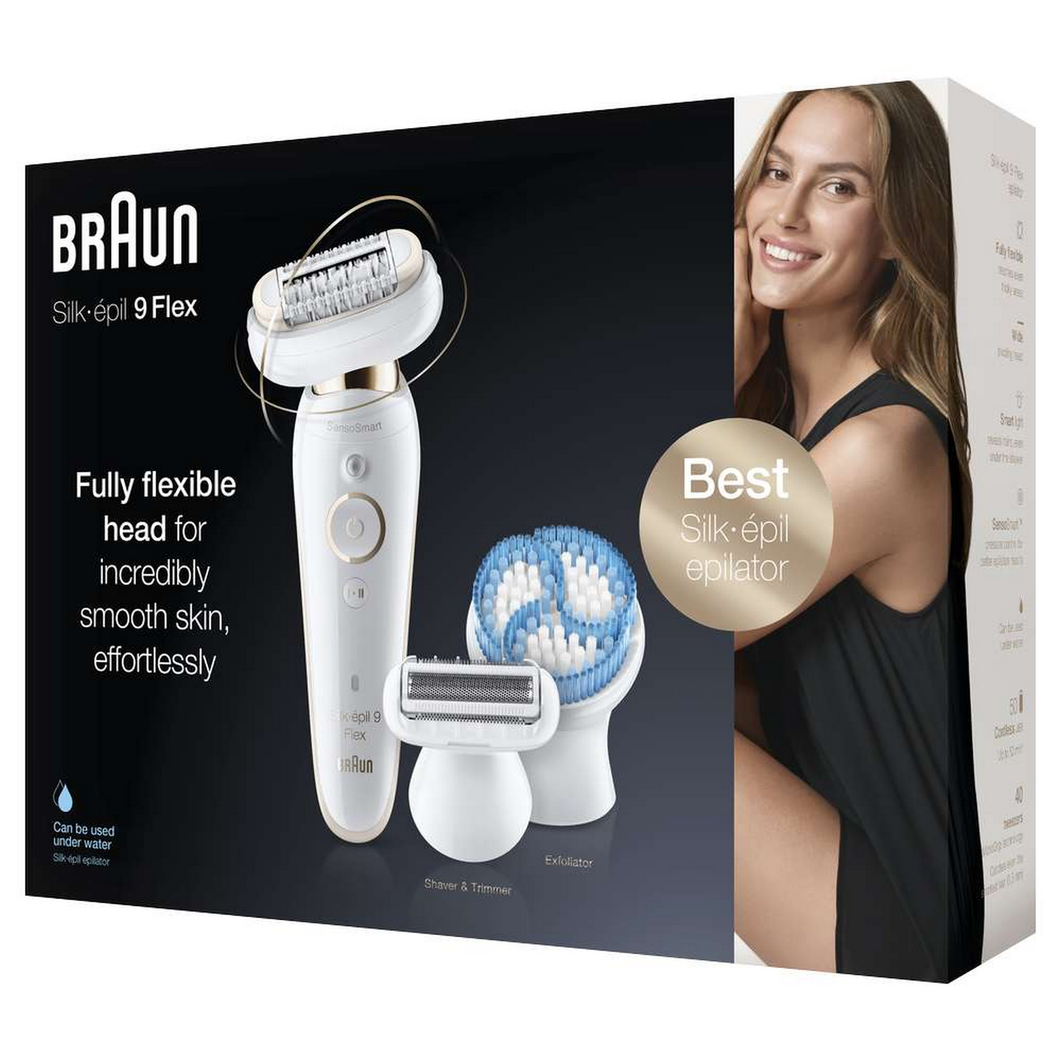 Caja de depiladora Braun Silk-épil 9 Flex blanca. Muestra la depiladora y otros accesorios.