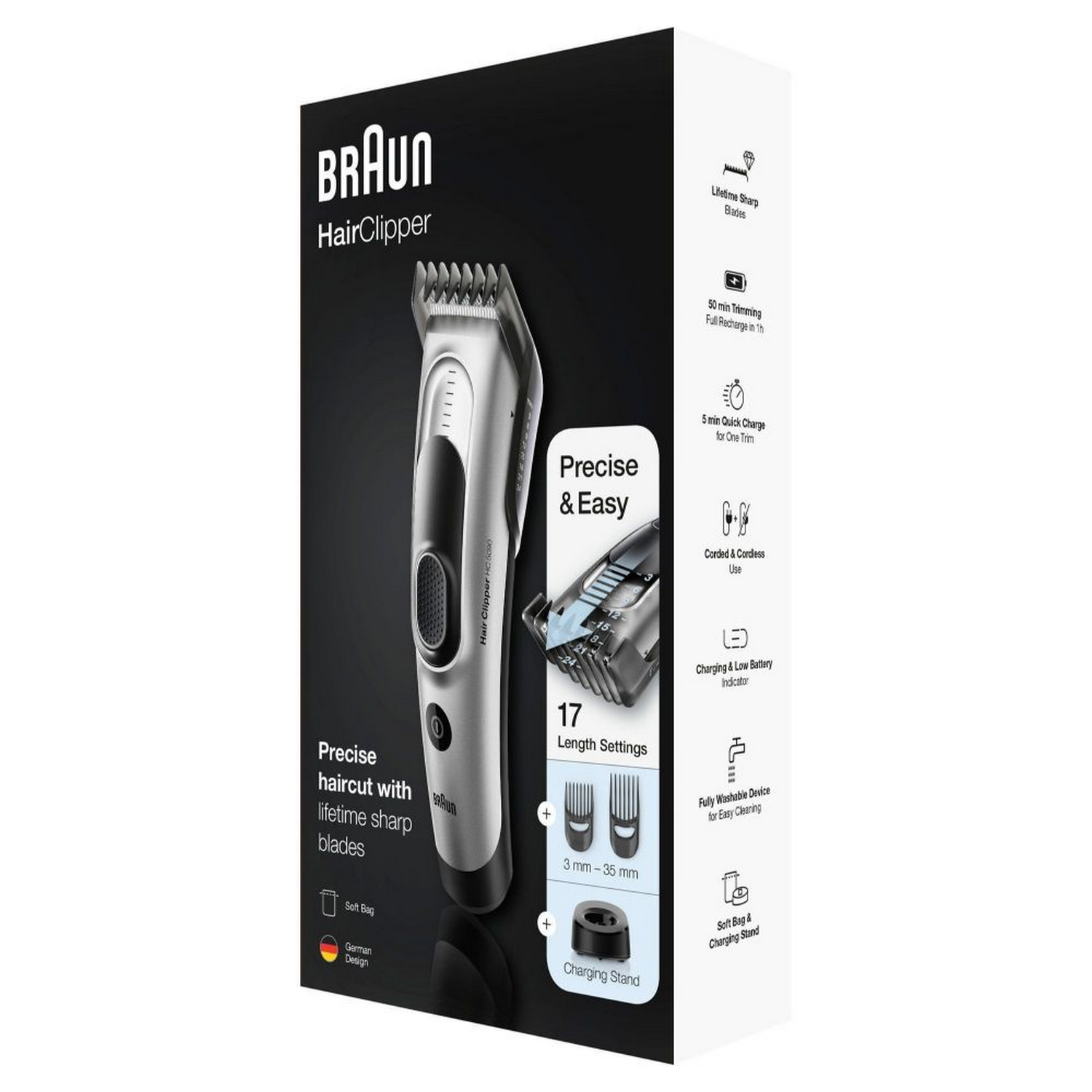 Caja Braun HairClipper. Cortapelos visible. Texto: Corte de pelo preciso con cuchillas afiladas de por vida.