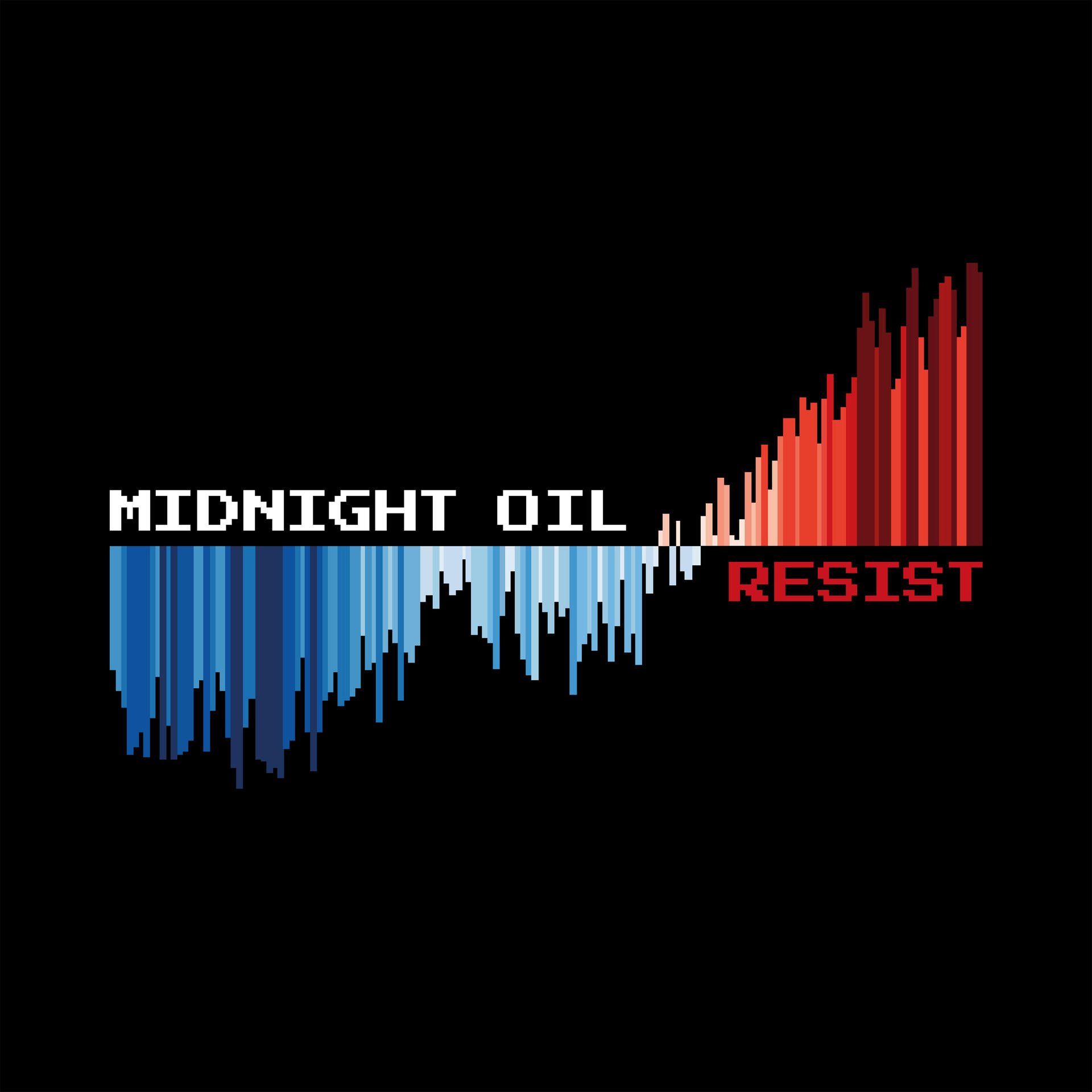 Midnight Oil Albumcover. Vertikale Linien, rot und blau gefärbt, mit 'Resist' und 'Midnight Oil'.
