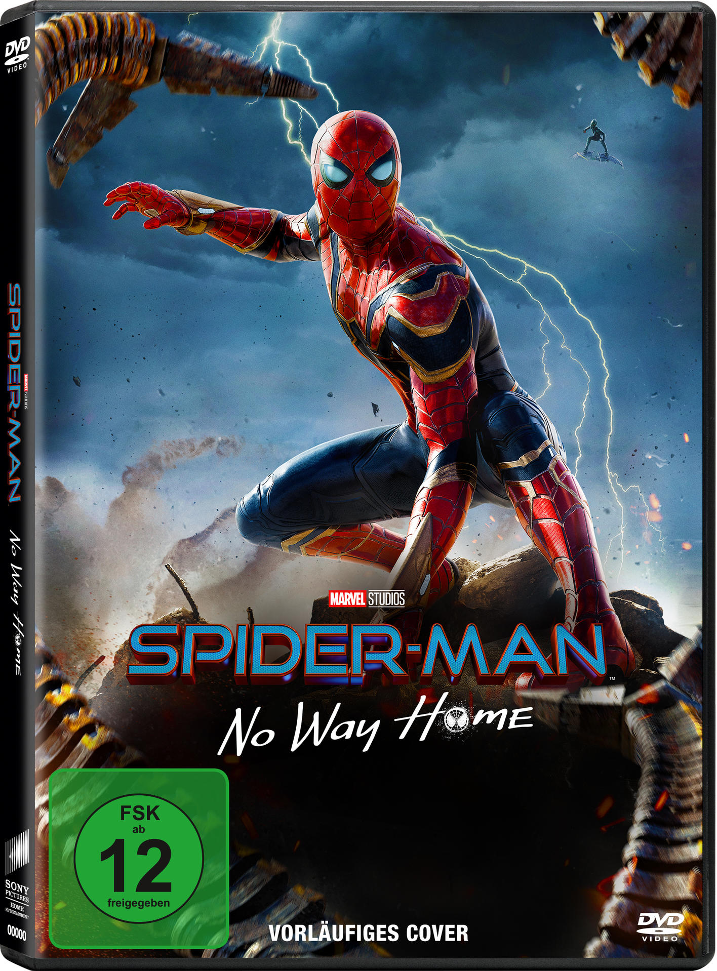 Spider-Man: No Way Home DVD-Cover, mit Spider-Man in dynamischer Pose und Stadtkulisse.