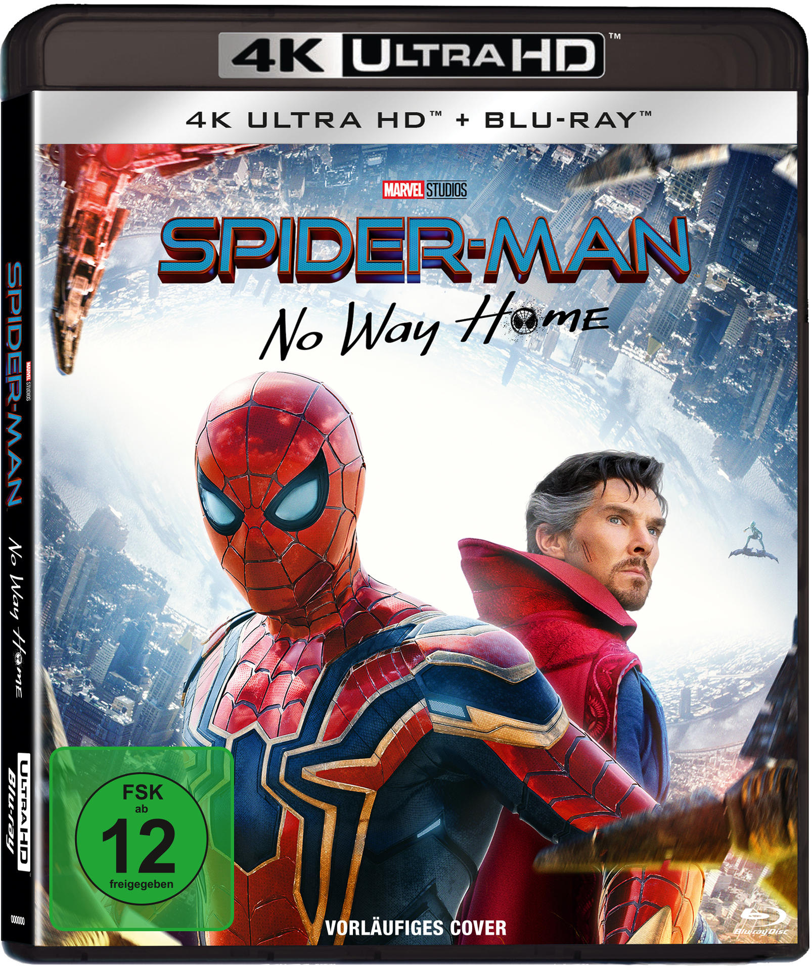 Spider-Man-Filmcover. Spider-Man und Doctor Strange im Vordergrund. Gebäude im Hintergrund.