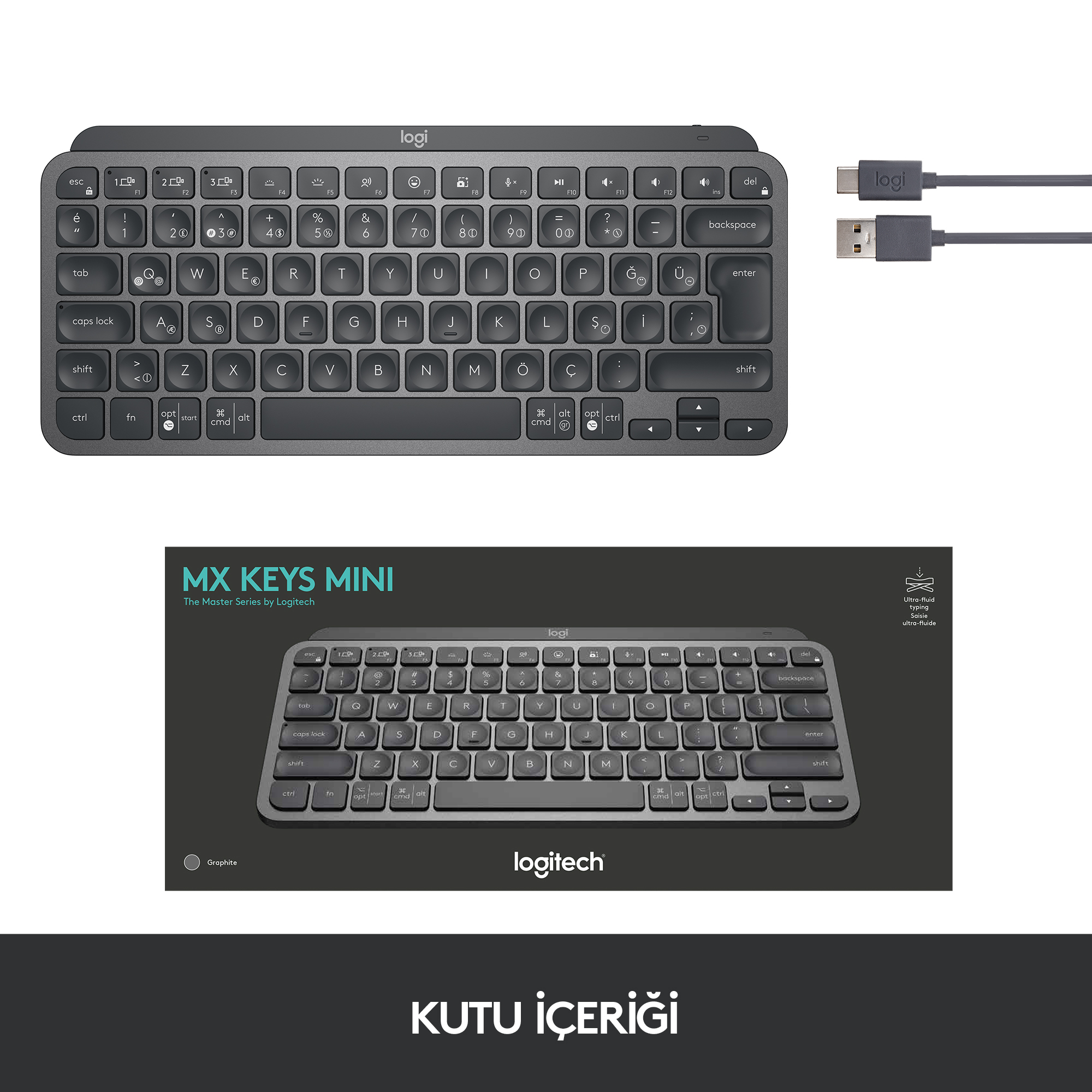 Logitech MX Keys Mini klavye ve ambalajı, USB kablosu ile beyaz zemin üzerinde.