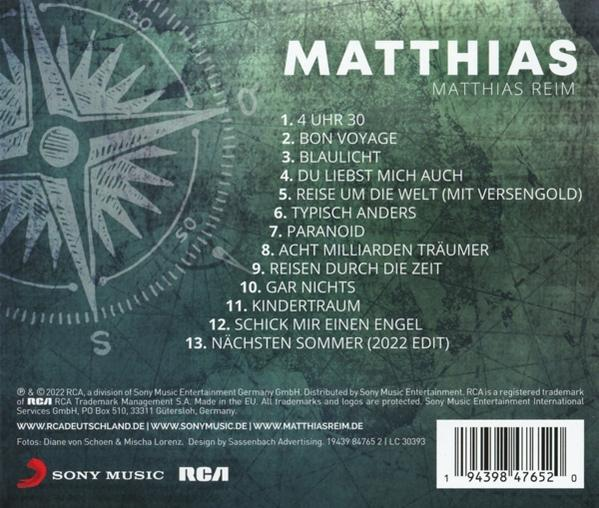 Rückseite eines Matthias Reim CD-Cases mit Titellisten und einem kartenartigen Hintergrund.