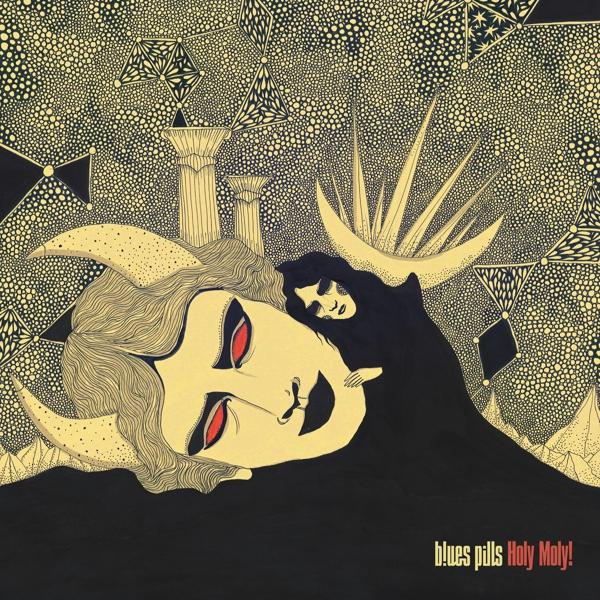 Illustration einer Frau mit Hörnern und einer dunklen Figur. Text 'Blues Pills Holy Moly!'