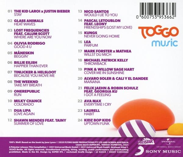 CD-Cover mit verschiedenen Songtiteln, buntes Design, orange und lila.