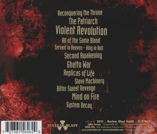 Die Rückseite eines Albums mit Songtiteln, einem Barcode und Text. Es hat ein Rot- und Schwarzes Farbschema.