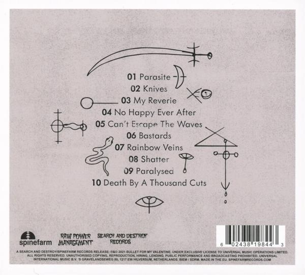 Rückseite einer CD-Hülle mit Titelliste und Logos. Weißer und grauer Hintergrund.