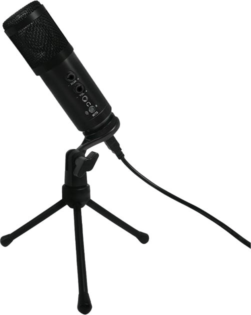 Een zwarte microfoon op een statief met een zwarte kabel, geïsoleerd op wit.