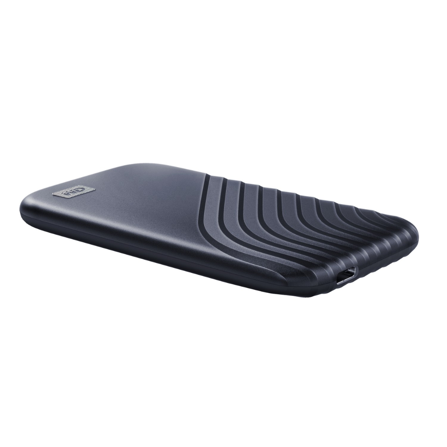 Disco duro externo negro, rectangular, con un diseño acanalado en la parte superior.