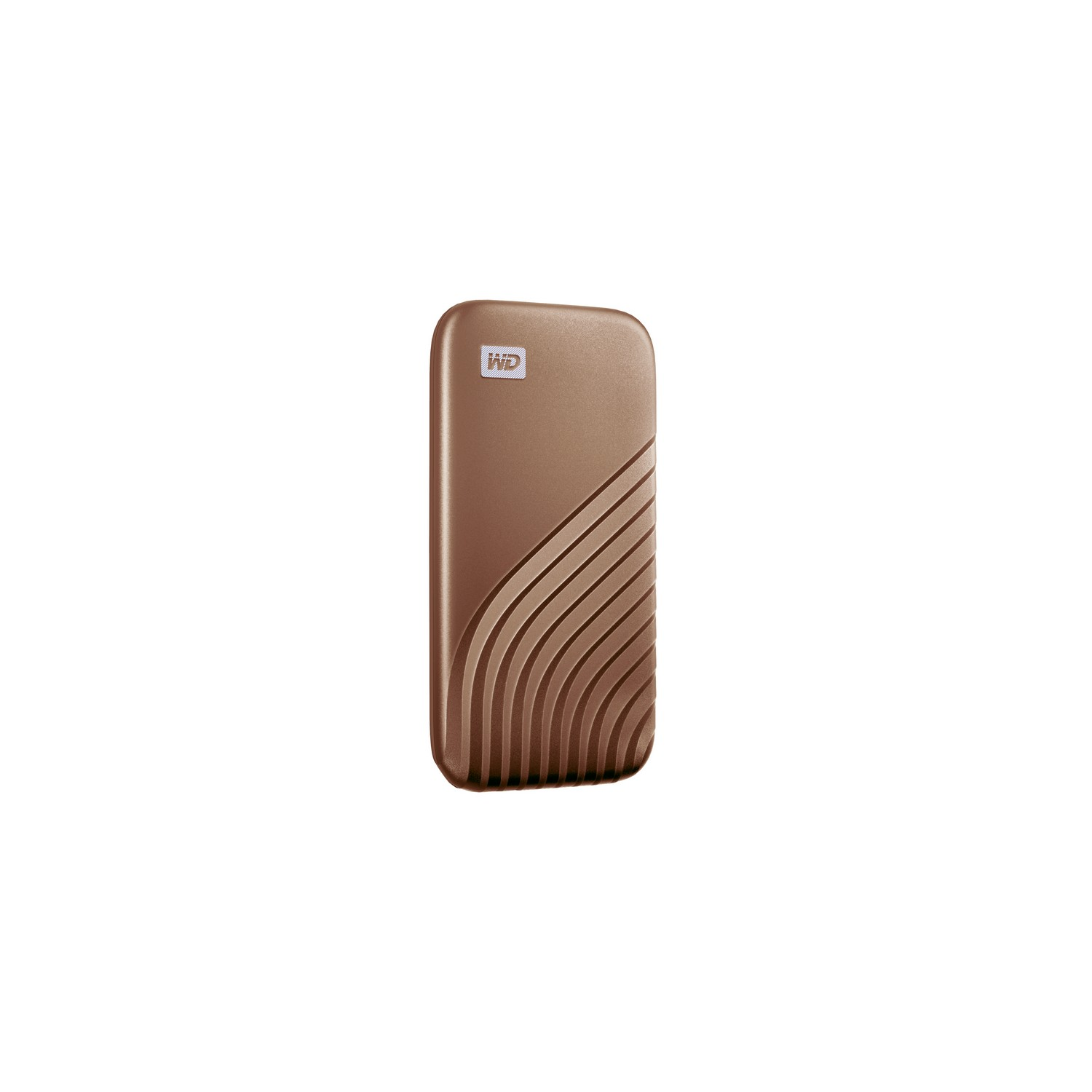 Disco duro externo de color bronce con superficie texturizada.