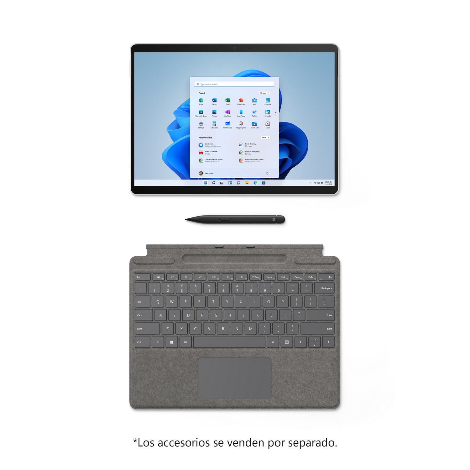 Tableta, teclado y lápiz Microsoft Surface Pro sobre blanco, con pantalla abierta.