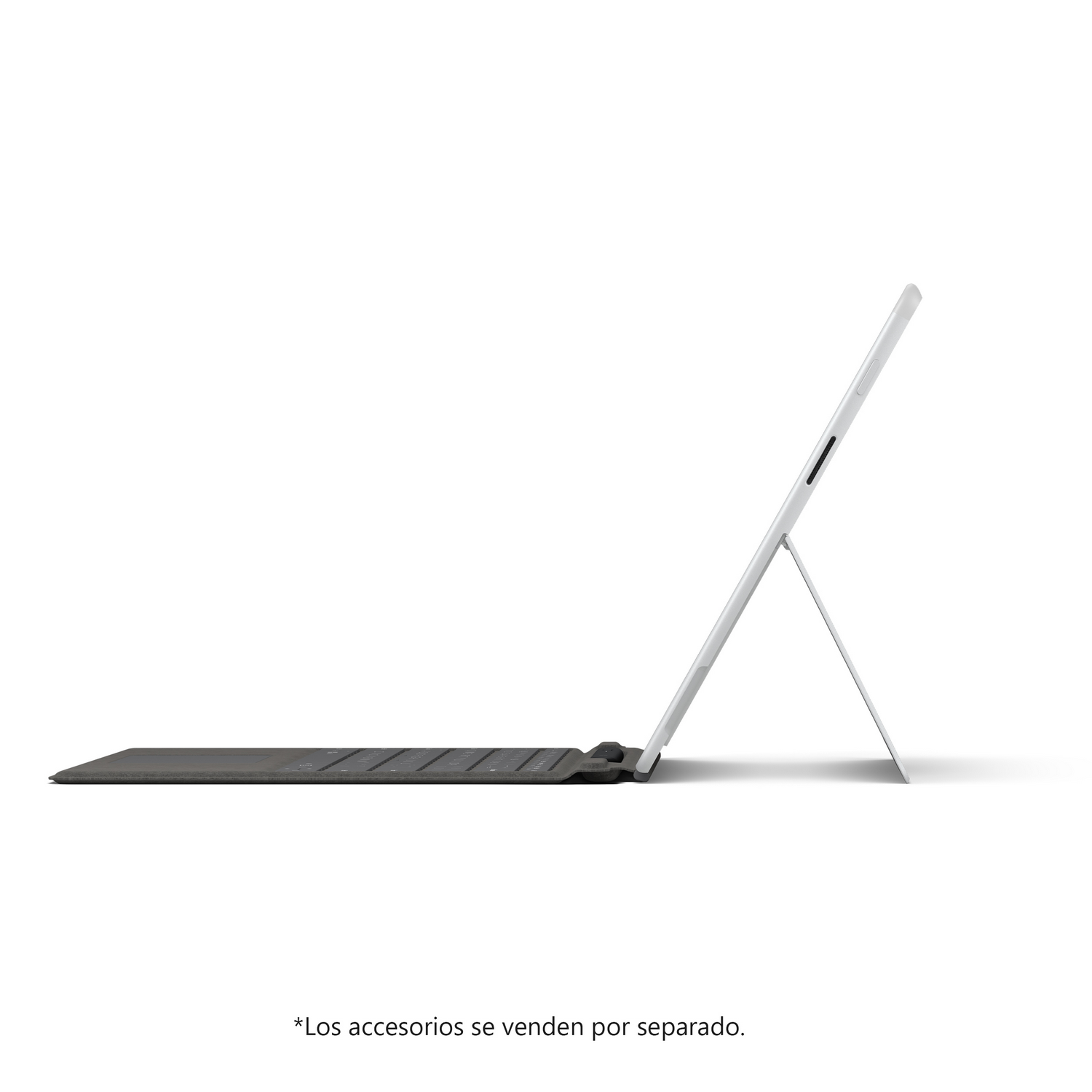 Tableta Surface Pro blanca con soporte de teclado, en ángulo sobre una superficie blanca.
