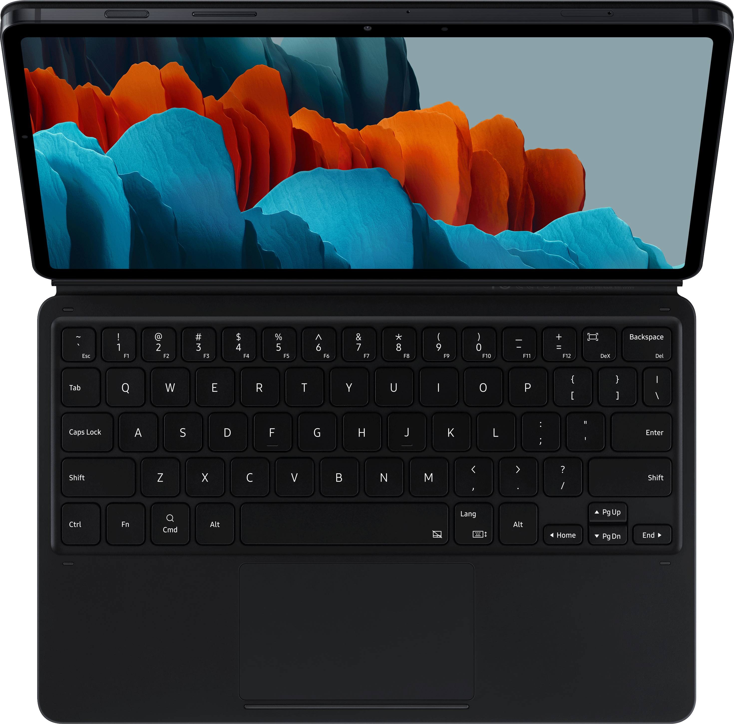 An open tablet with a keyboard, showing a colorful wallpaper.