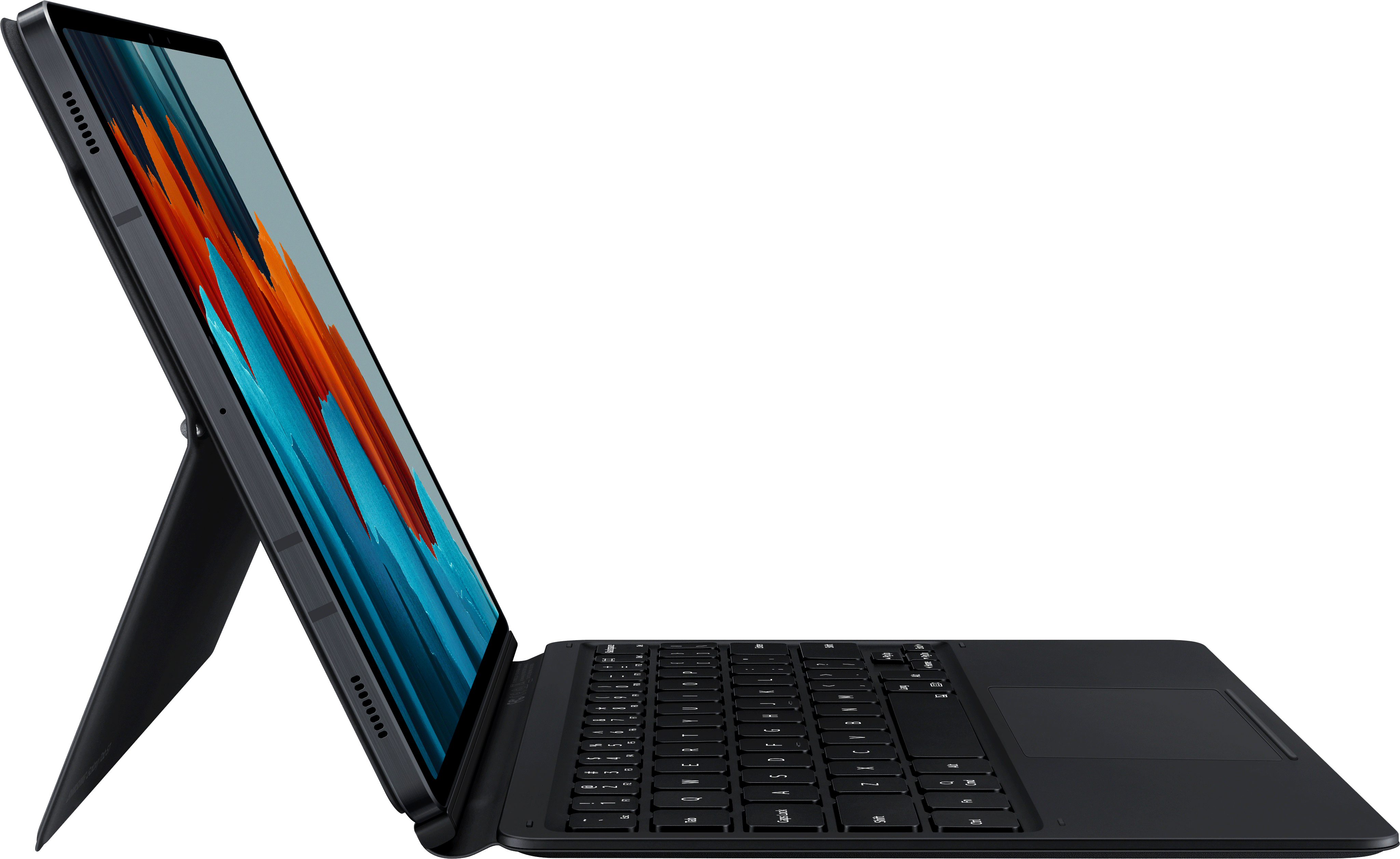 A black tablet with a keyboard stand and a colorful screen background.