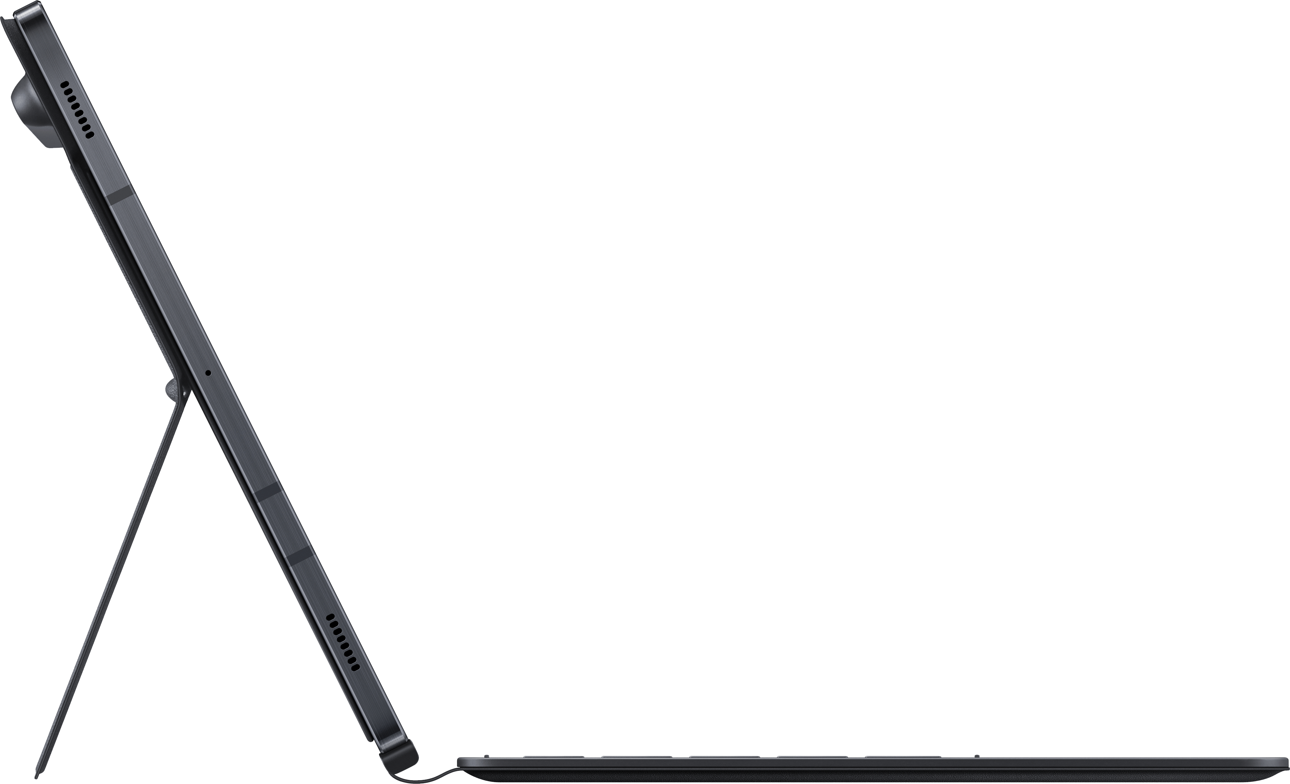 Dark tablet with stand and keyboard, shown in profile.