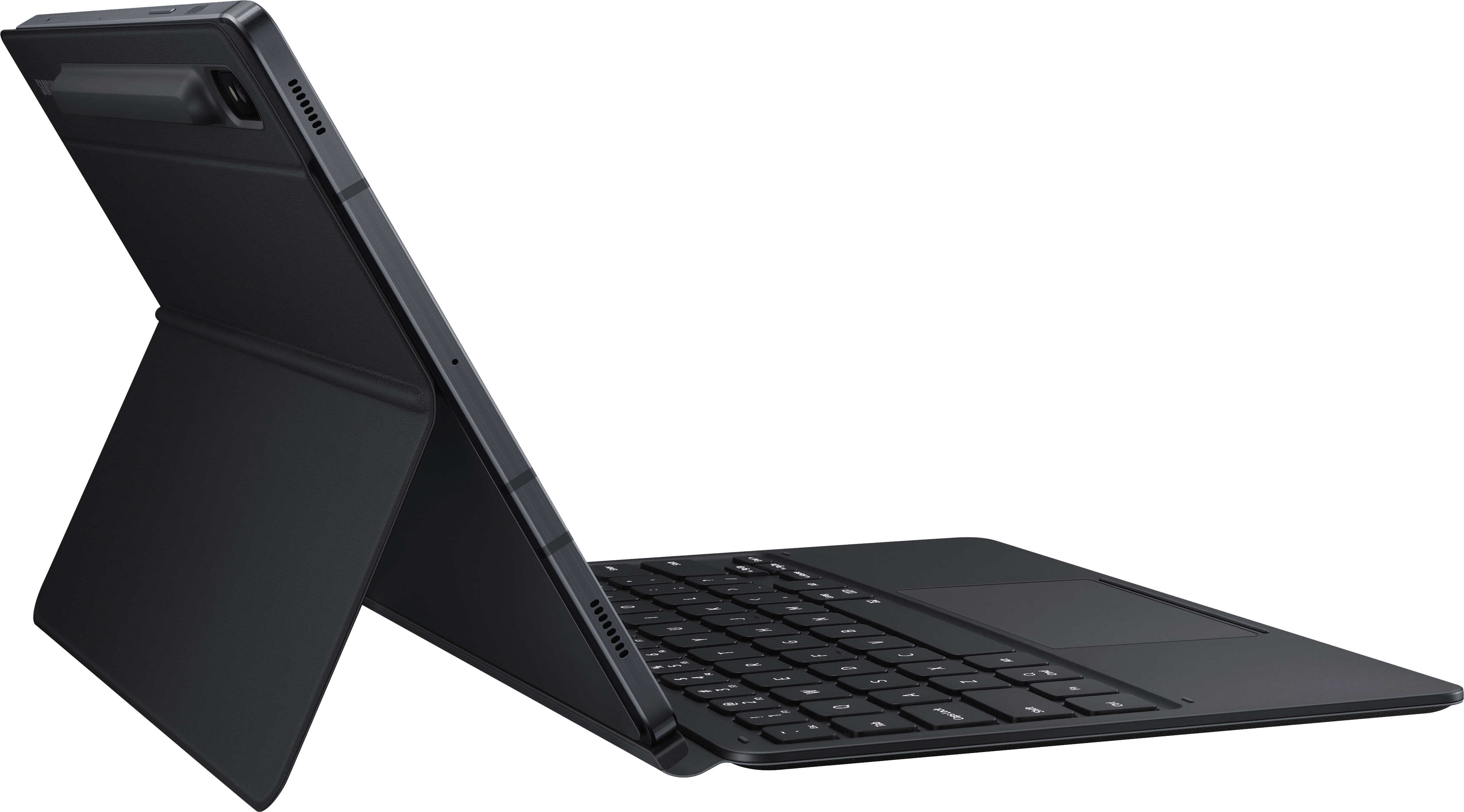A black tablet with a keyboard cover, in landscape orientation on a black background.
